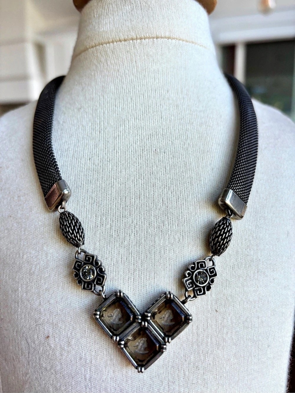 Vintage EXTASIA Hand Pressed German Glass Intaglio Mesh Necklace Signed